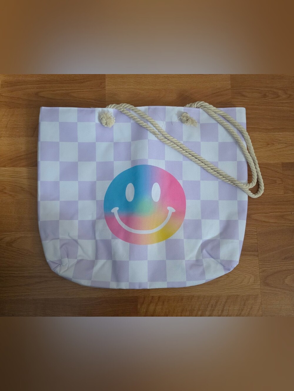 Checkered Tote Bag with Rainbow Smiley